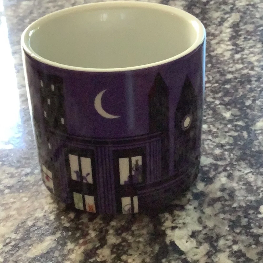 West Elm Purple and White Cat Cityscape Mug
